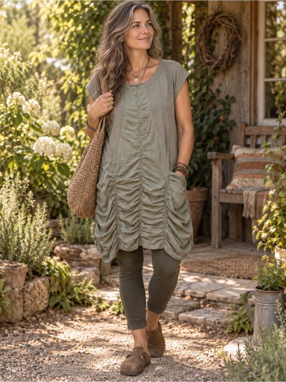 Boho Cotton Wearables Sage Green Ruched Tunic Top Dress Size M
